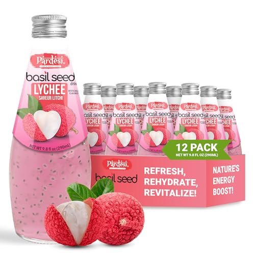 Pardesi Basil Seed Drink Lychee Flavor 290ml 9.8 Fl Oz | Pack of 12 (117.6 FL Oz ) | Naturally Refreshing & Cooling | Rich in Antioxidants, Fiber & Omega-3 | Real Basil Seeds for Digestive Health & Hydration.