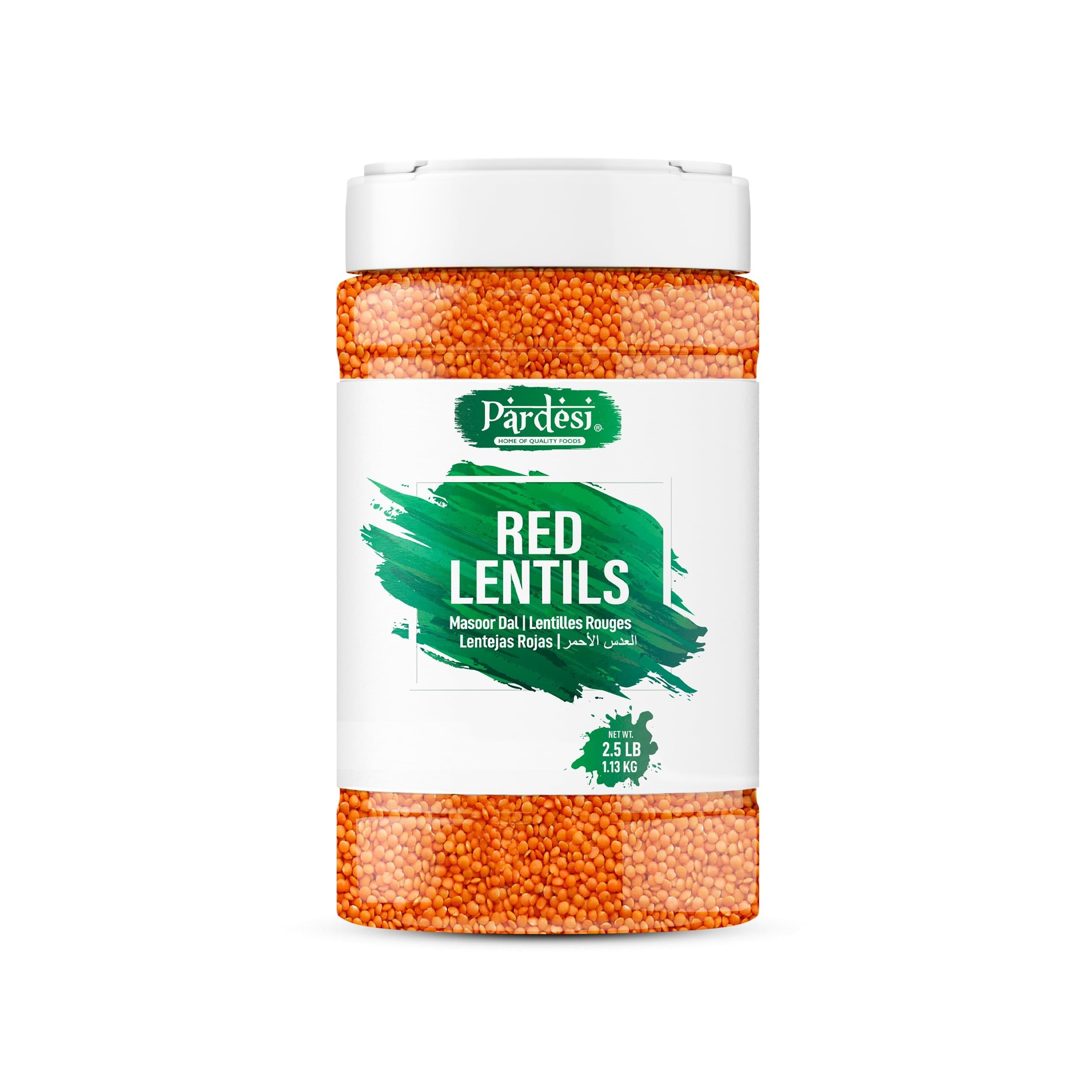 Pardesi Indian Split Red Lentils, 64oz (4 LB) 1.8 KG - Masoor Dal - Resealable Jar Packaging with Handle - Premium Quality - Lentilles Rouges Cassees | All Natural | NON-GMO | Vegan | Indian Origin | No Mess No Spills | Easy to store | Pantry Ready