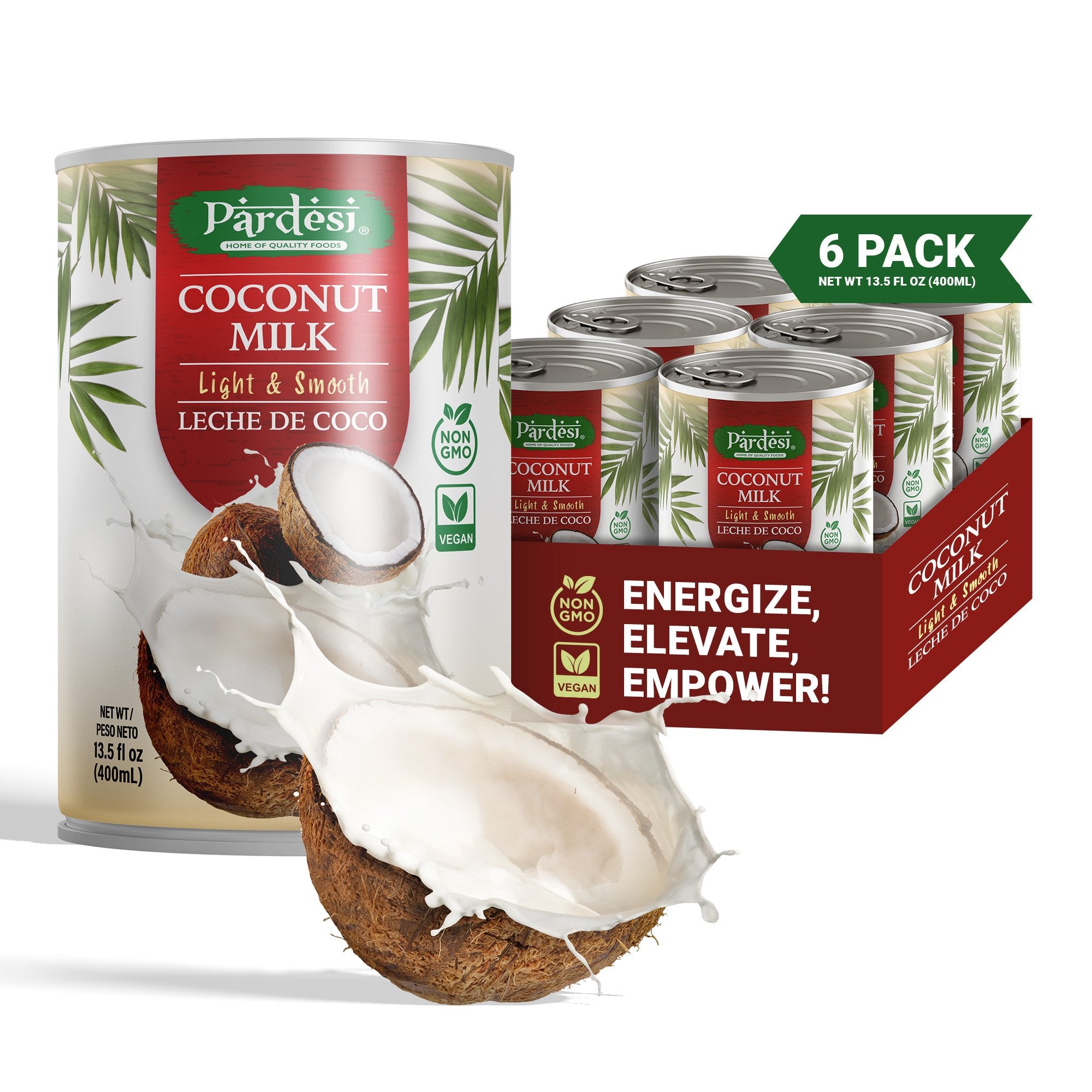 Pardesi Coconut Milk, 400ml Pack of 6 | Premium Quality, Vegan Friendly | Creamy Texture & Tropical Flavor | Perfect for Curries, Soups, Stews, Desserts, Smoothies & Marinades | Low-Lactose Alternative | Derived from Mature Coconut Meat | Thailand Origin.