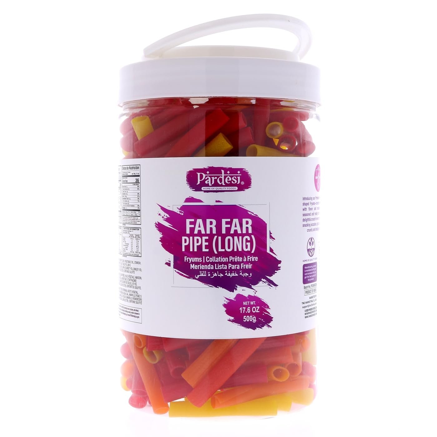 Pardesi Far Far Fryum, 26.4 OZ (750g) Jar I Puffed Snack I Ready to Fry I Fried Snacks (Pipe Shape) I Jar with Handle I No mess I Pantry ready I From India