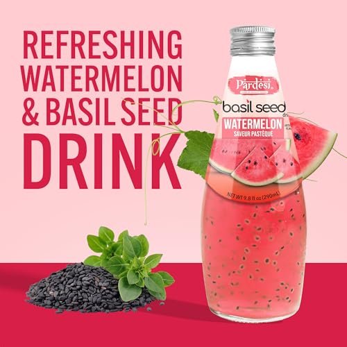 Pardesi Basil Seed Drink Watermelon Flavor 290ml 9.8 Fl Oz | Pack of 12 (117.6 FL Oz ) | Naturally Refreshing & Cooling | Rich in Antioxidants, Fiber & Omega-3 | Real Basil Seeds for Digestive Health & Hydration.