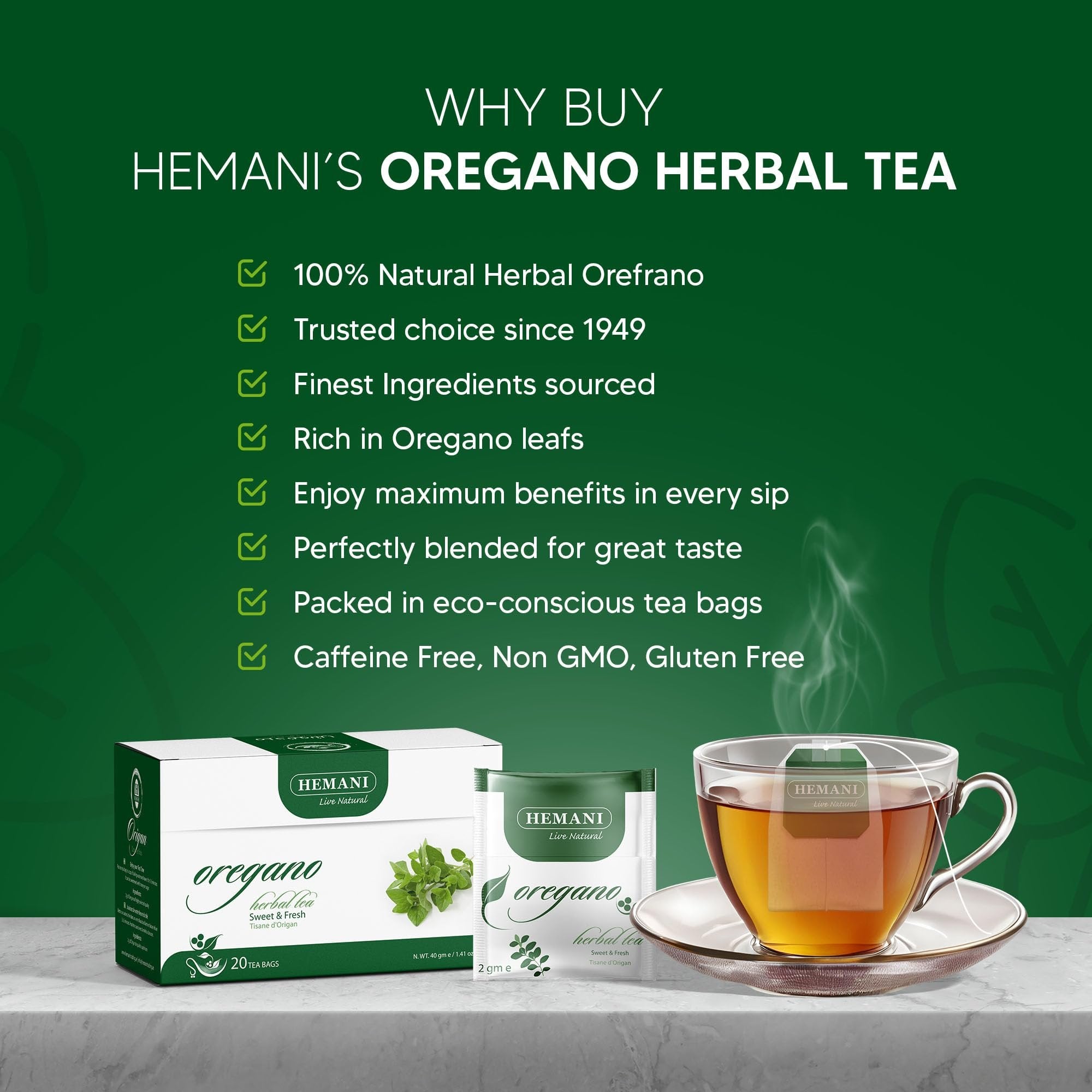 Hemani Herbal Tea Oregano Origanum Vulgare 20 Tea Bags - Rich in Antioxidants, Boosts Immunity, Digestive Comfort and Overall Wellness, Soothing, Caffeine-Free and Delicious.