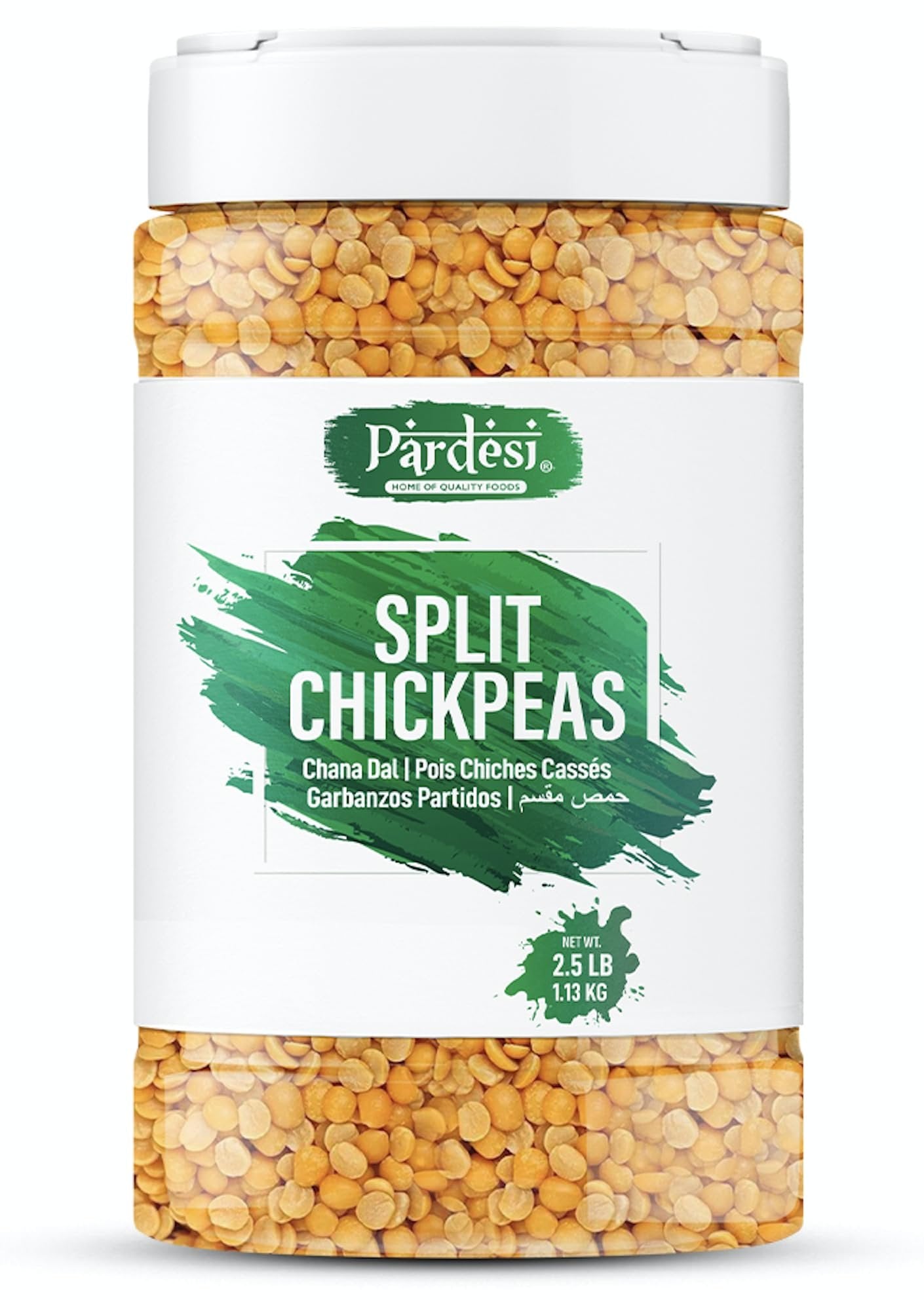 Pardesi Split Desi Chickpeas without skin 64oz (4 LB) 1.8 KG - Chana Dal - Resealable Jar Packaging with Handle | All Natural | NON-GMO | Vegan | Indian Origin AKA Pois Chiches Fendus | No Mess No Spills | Easy to store | Pantry Ready