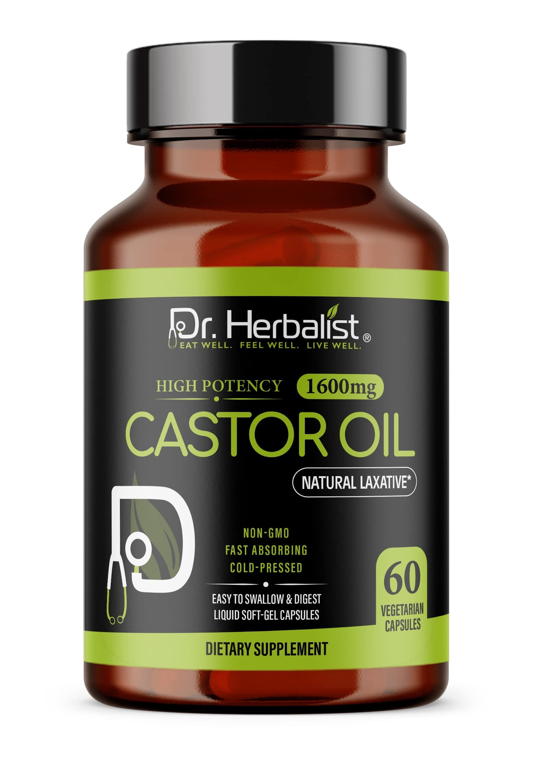 Dr. HERBALIST Castor Oil Capsules - 1600mg per Serving, 60 Count - Non-GMO, Fast-Absorbing, Vegetarian, Cold-Pressed, and High Potency - Supports Skin, Hair, Natural Laxatives and Digestive Health