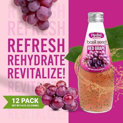 Pardesi Basil Seed Drink Red Grape Flavor 290ml 9.8 Fl Oz | Pack of 12 (117.6 FL Oz ) | Naturally Refreshing & Cooling | Rich in Antioxidants, Fiber & Omega-3 | Real Basil Seeds for Digestive Health & Hydration.