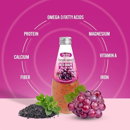 Pardesi Basil Seed Drink Red Grape Flavor 290ml 9.8 Fl Oz | Pack of 12 (117.6 FL Oz ) | Naturally Refreshing & Cooling | Rich in Antioxidants, Fiber & Omega-3 | Real Basil Seeds for Digestive Health & Hydration.