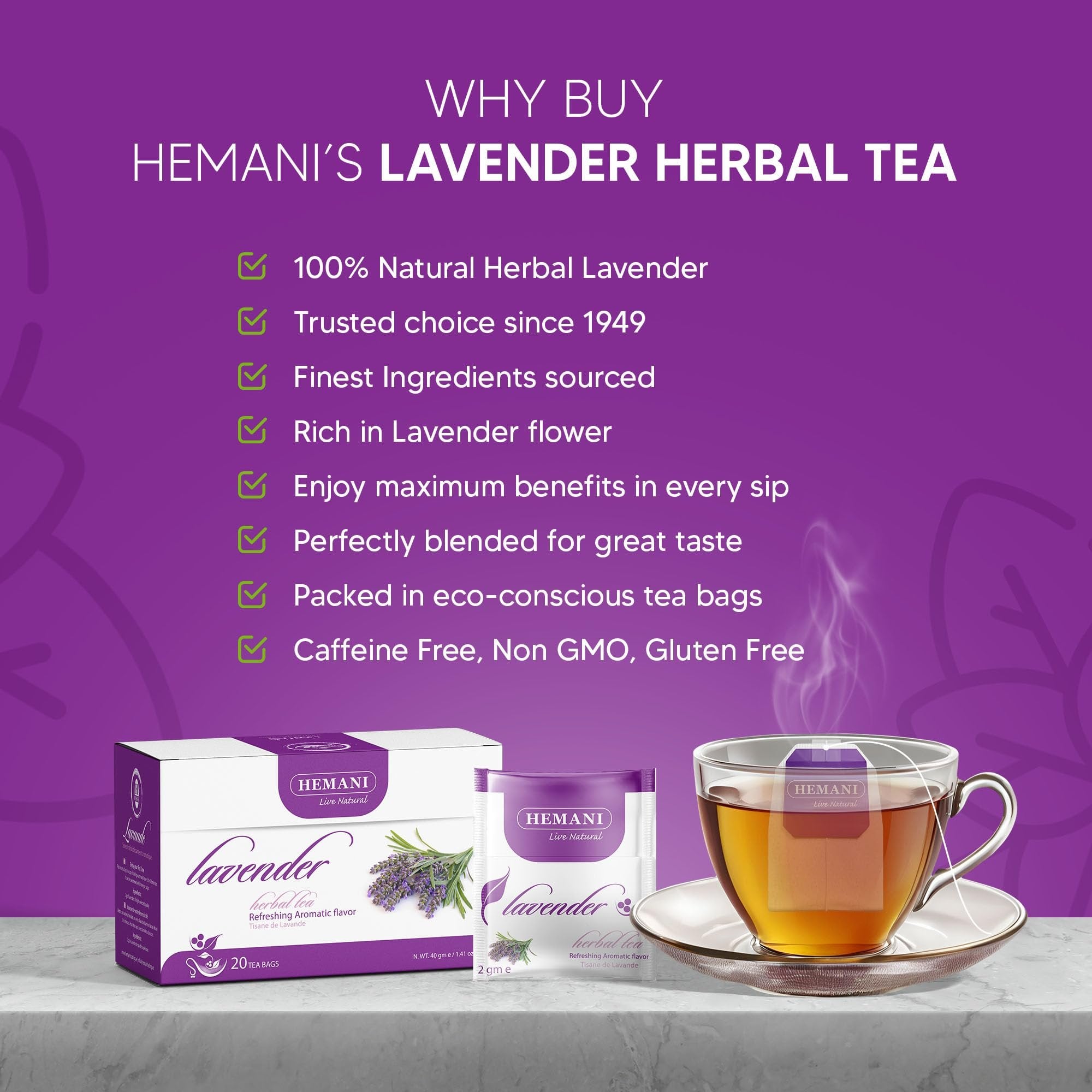 Hemani Lavender Tea - Lavandula Angustifolia 20 Tea Bags - Soothing Herbal Bliss for Relaxation, Calm & Mindful Serenity, Natural Tranquility, Expertly Crafted for Self-Care