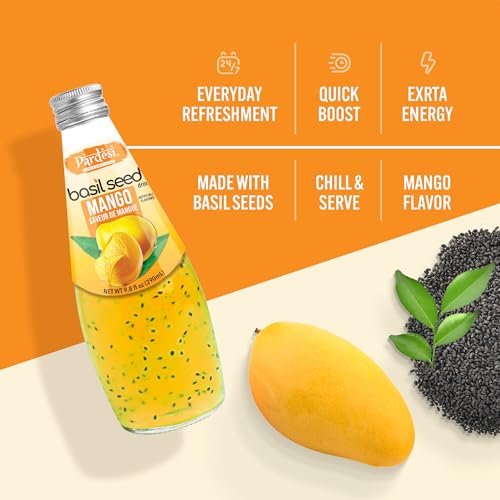 Pardesi Basil Seed Drink Mango Flavor 290ml 9.8 Fl Oz | Pack of 12 (117.6 FL Oz ) | Naturally Refreshing & Cooling | Rich in Antioxidants, Fiber & Omega-3 | Real Basil Seeds for Digestive Health & Hydration.