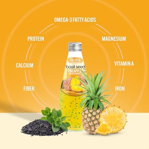 Pardesi Basil Seed Drink Pineapple Flavor 290ml 9.8 Fl Oz | Pack of 12 (117.6 FL Oz ) | Naturally Refreshing & Cooling | Rich in Antioxidants, Fiber & Omega-3 | Real Basil Seeds for Digestive Health & Hydration.