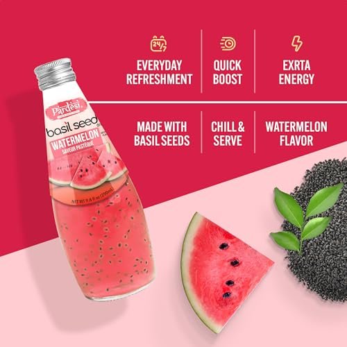 Pardesi Basil Seed Drink Watermelon Flavor 290ml 9.8 Fl Oz | Pack of 12 (117.6 FL Oz ) | Naturally Refreshing & Cooling | Rich in Antioxidants, Fiber & Omega-3 | Real Basil Seeds for Digestive Health & Hydration.