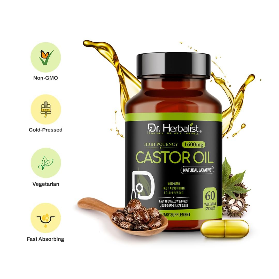 Dr. HERBALIST Castor Oil Capsules - 1600mg per Serving, 60 Count - Non-GMO, Fast-Absorbing, Vegetarian, Cold-Pressed, and High Potency - Supports Skin, Hair, Natural Laxatives and Digestive Health