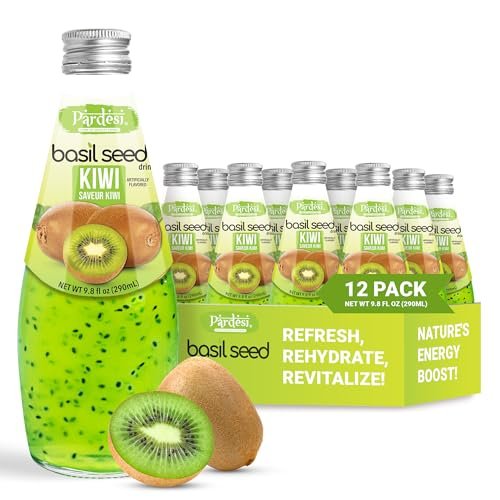 Pardesi Basil Seed Drink Kiwi Flavor 290ml 9.8 Fl Oz | Pack of 12 (117.6 FL Oz ) | Naturally Refreshing & Cooling | Rich in Antioxidants, Fiber & Omega-3 | Real Basil Seeds for Digestive Health & Hydration.