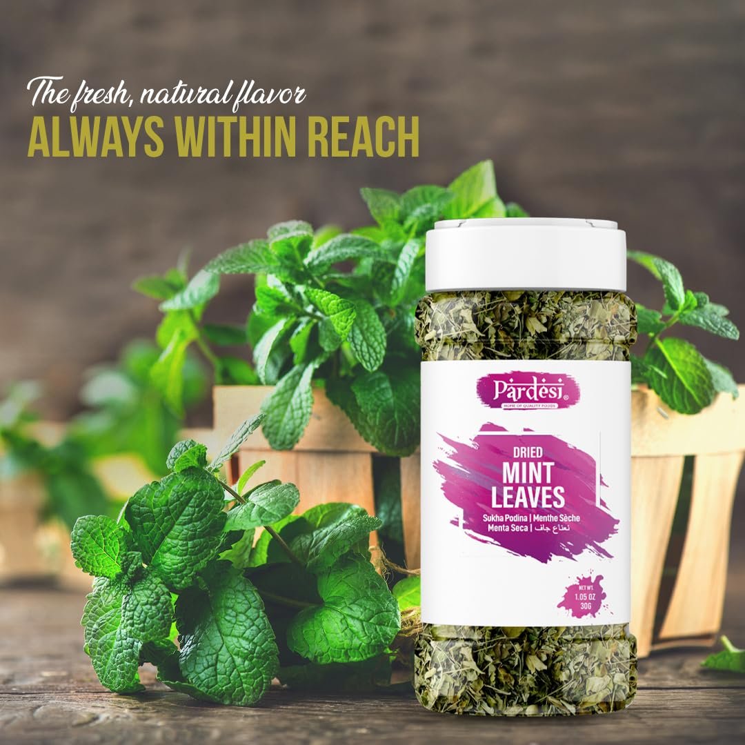 Pardesi Mint Leaves, 1.05 Oz - Fresh Dried Spearmint Herbs, Mint Spice Great for Loose Leaf Tea, Dry Mint Powder AKA Sukha Podina I Pudina I Menthe Seche I Menta Seca I Resealable Jar I No Mess I Pantry Ready