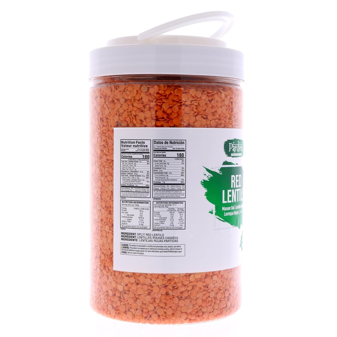 Pardesi Indian Split Red Lentils, 64oz (4 LB) 1.8 KG - Masoor Dal - Resealable Jar Packaging with Handle - Premium Quality - Lentilles Rouges Cassees | All Natural | NON-GMO | Vegan | Indian Origin | No Mess No Spills | Easy to store | Pantry Ready