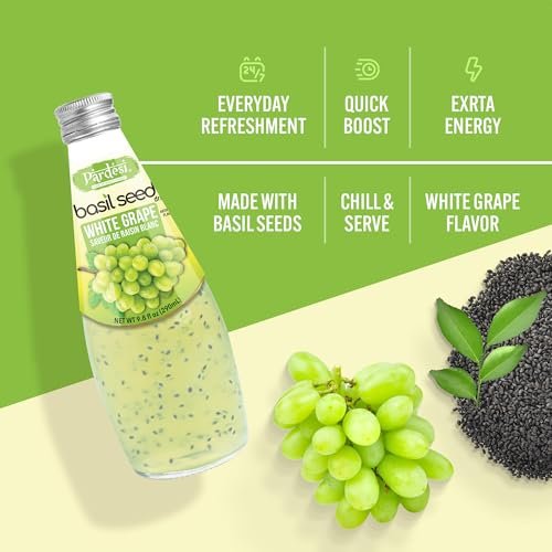 Pardesi Basil Seed Drink White Grape Flavor 290ml 9.8 Fl Oz | Pack of 12 (117.6 FL Oz ) | Naturally Refreshing & Cooling | Rich in Antioxidants, Fiber & Omega-3 | Real Basil Seeds for Digestive Health & Hydration.