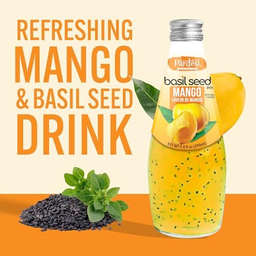 Pardesi Basil Seed Drink Mango Flavor 290ml 9.8 Fl Oz | Pack of 12 (117.6 FL Oz ) | Naturally Refreshing & Cooling | Rich in Antioxidants, Fiber & Omega-3 | Real Basil Seeds for Digestive Health & Hydration.