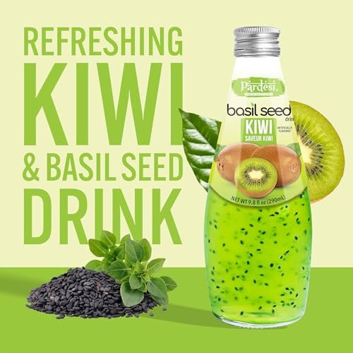 Pardesi Basil Seed Drink Kiwi Flavor 290ml 9.8 Fl Oz | Pack of 12 (117.6 FL Oz ) | Naturally Refreshing & Cooling | Rich in Antioxidants, Fiber & Omega-3 | Real Basil Seeds for Digestive Health & Hydration.