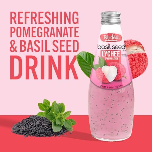 Pardesi Basil Seed Drink Lychee Flavor 290ml 9.8 Fl Oz | Pack of 12 (117.6 FL Oz ) | Naturally Refreshing & Cooling | Rich in Antioxidants, Fiber & Omega-3 | Real Basil Seeds for Digestive Health & Hydration.