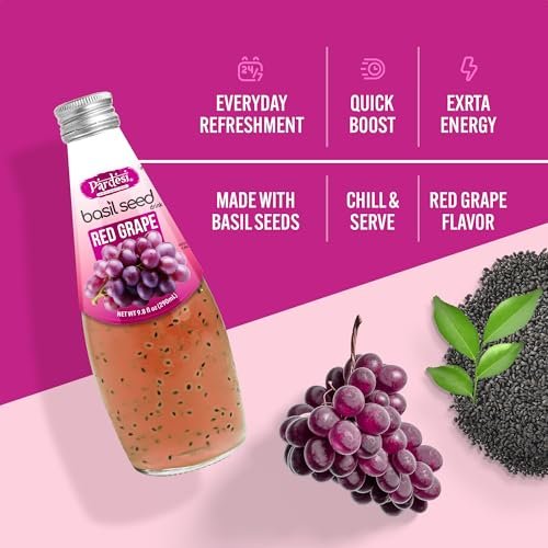 Pardesi Basil Seed Drink Red Grape Flavor 290ml 9.8 Fl Oz | Pack of 12 (117.6 FL Oz ) | Naturally Refreshing & Cooling | Rich in Antioxidants, Fiber & Omega-3 | Real Basil Seeds for Digestive Health & Hydration.