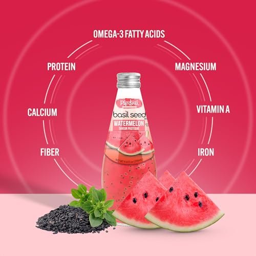 Pardesi Basil Seed Drink Watermelon Flavor 290ml 9.8 Fl Oz | Pack of 12 (117.6 FL Oz ) | Naturally Refreshing & Cooling | Rich in Antioxidants, Fiber & Omega-3 | Real Basil Seeds for Digestive Health & Hydration.