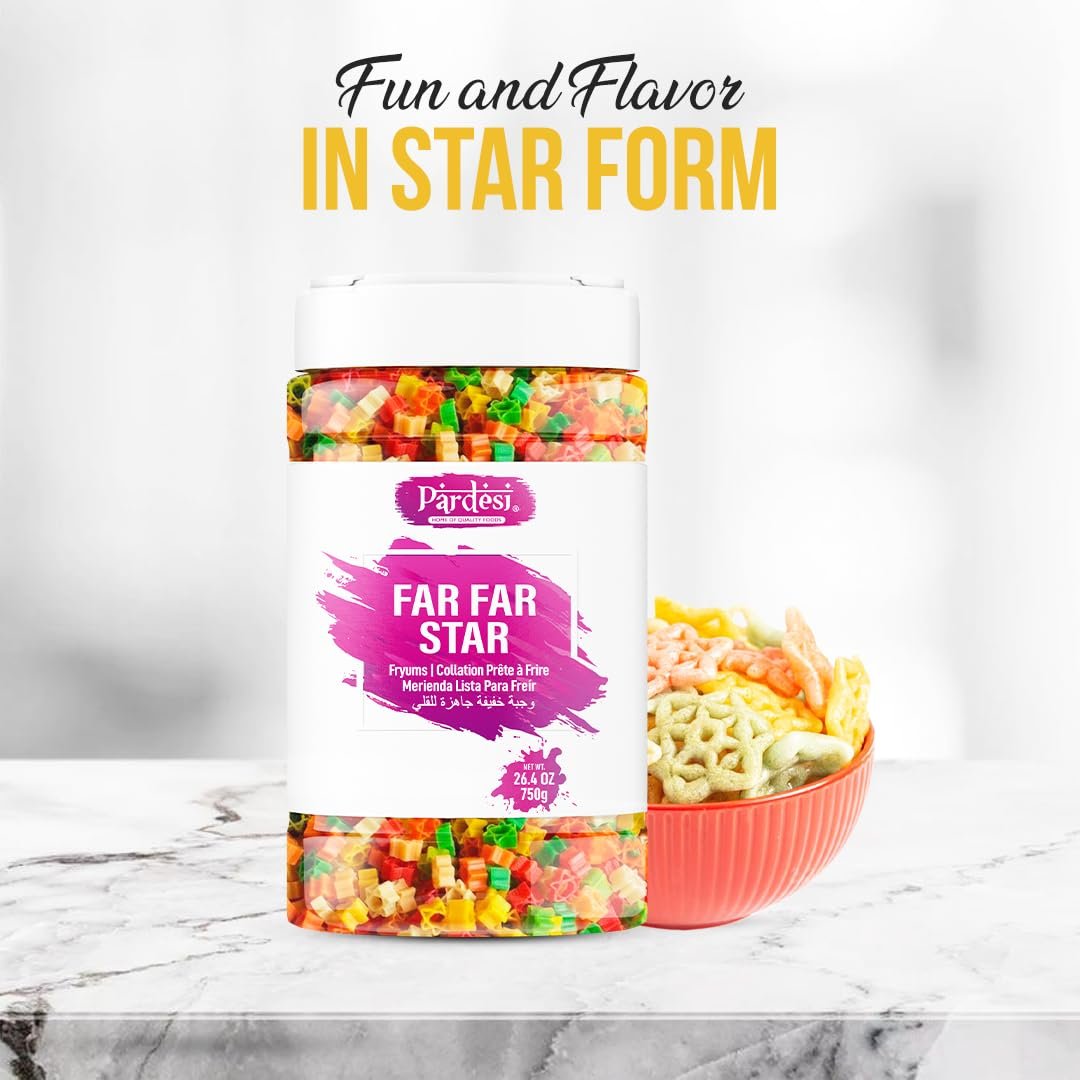 Pardesi Far Far Fryum, 26.4 OZ (750g) Jar I Puffed Snack I Ready to Fry I Fried Snacks (Star Shape) I Jar with Handle I No mess I Pantry ready I From India