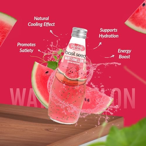 Pardesi Basil Seed Drink Watermelon Flavor 290ml 9.8 Fl Oz | Pack of 12 (117.6 FL Oz ) | Naturally Refreshing & Cooling | Rich in Antioxidants, Fiber & Omega-3 | Real Basil Seeds for Digestive Health & Hydration.