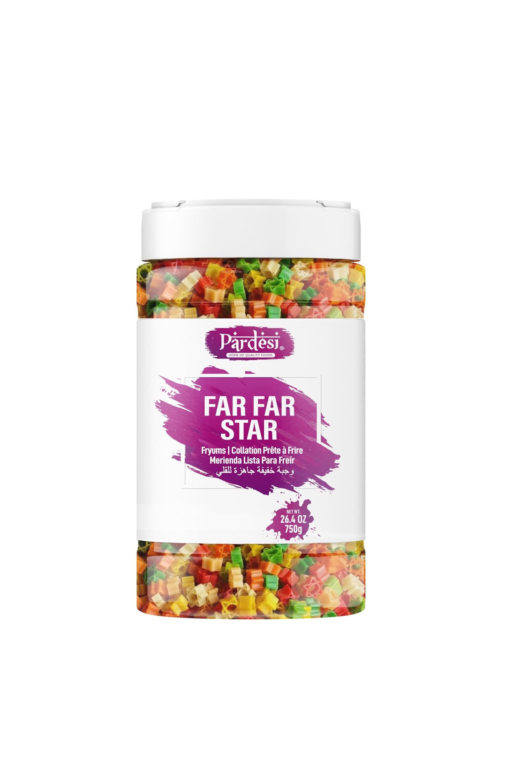 Pardesi Far Far Fryum, 26.4 OZ (750g) Jar I Puffed Snack I Ready to Fry I Fried Snacks (Star Shape) I Jar with Handle I No mess I Pantry ready I From India