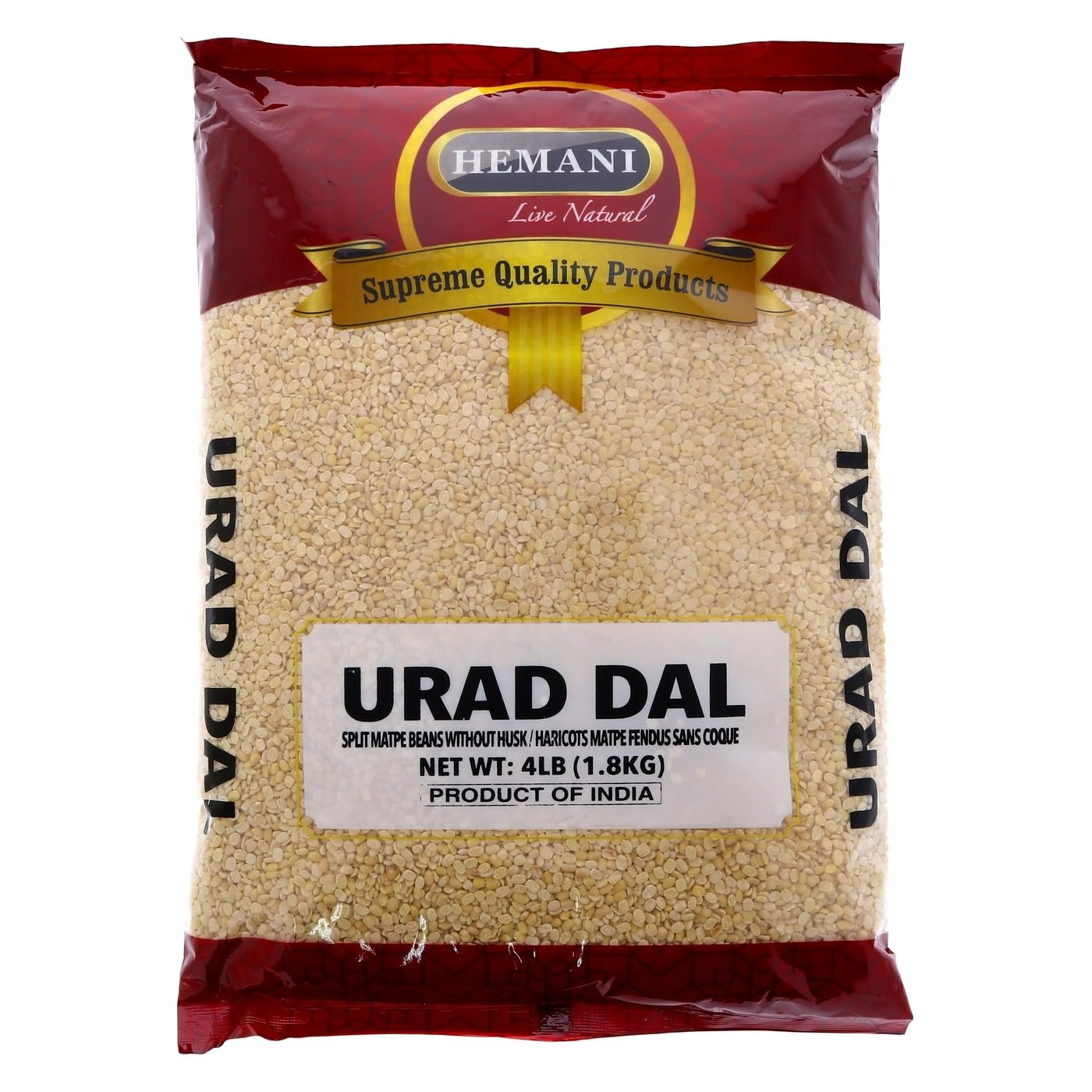 Hemani Urid/Urad Split Lentils 64oz (4lbs) - All-Natural, Gluten-Friendly, Indian Matpe Beans without Skin, Bulk Packaging for Healthy Cooking & Traditional Ayurvedic Recipes