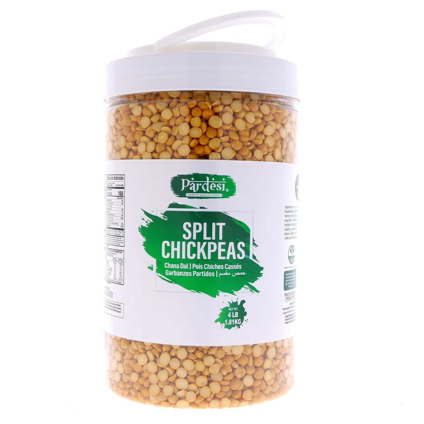 Pardesi Split Desi Chickpeas without skin 64oz (4 LB) 1.8 KG - Chana Dal - Resealable Jar Packaging with Handle | All Natural | NON-GMO | Vegan | Indian Origin AKA Pois Chiches Fendus | No Mess No Spills | Easy to store | Pantry Ready