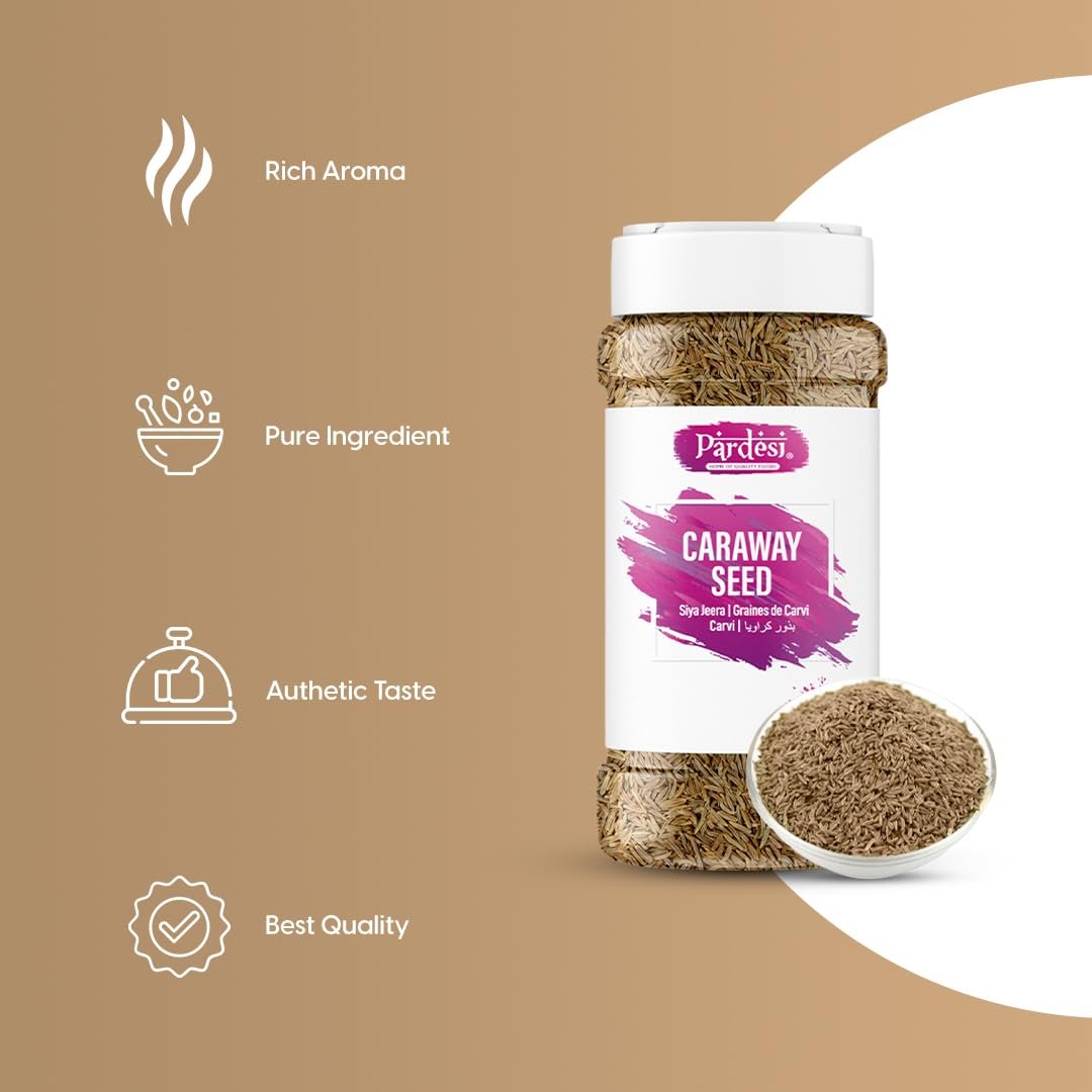 Pardesi Whole Caraway Seeds 180g - Carum Carvi, Meridian Fennel, Persian Cumin - Rich in Fiber, Vitamins, Minerals, Protein & Essential Nutrients for Healthy Digestion.