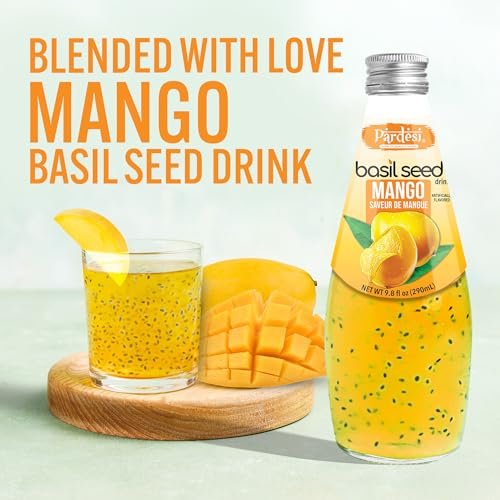 Pardesi Basil Seed Drink Mango Flavor 290ml 9.8 Fl Oz | Pack of 12 (117.6 FL Oz ) | Naturally Refreshing & Cooling | Rich in Antioxidants, Fiber & Omega-3 | Real Basil Seeds for Digestive Health & Hydration.