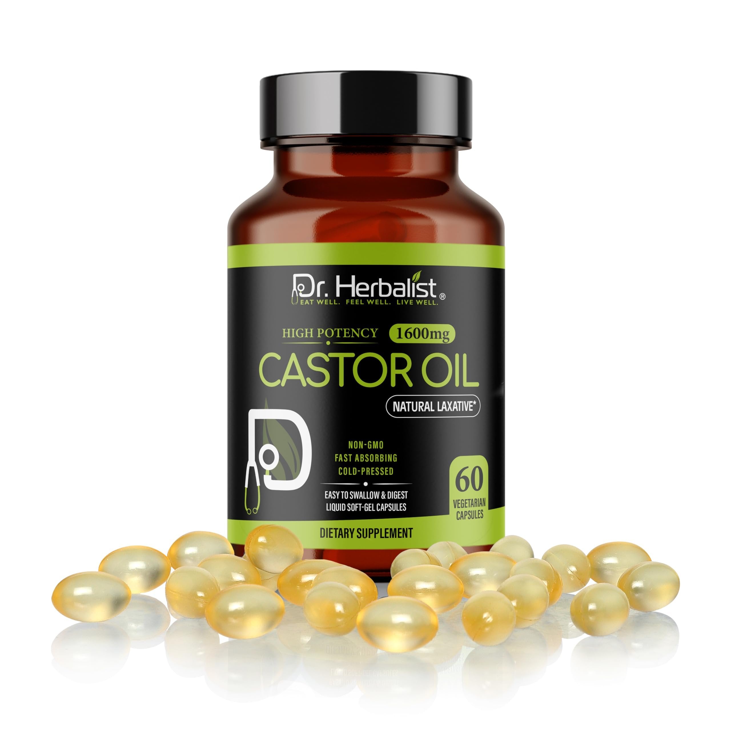 Dr. HERBALIST Castor Oil Capsules - 1600mg per Serving, 60 Count - Non-GMO, Fast-Absorbing, Vegetarian, Cold-Pressed, and High Potency - Supports Skin, Hair, Natural Laxatives and Digestive Health