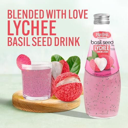 Pardesi Basil Seed Drink Lychee Flavor 290ml 9.8 Fl Oz | Pack of 12 (117.6 FL Oz ) | Naturally Refreshing & Cooling | Rich in Antioxidants, Fiber & Omega-3 | Real Basil Seeds for Digestive Health & Hydration.