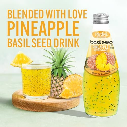 Pardesi Basil Seed Drink Pineapple Flavor 290ml 9.8 Fl Oz | Pack of 12 (117.6 FL Oz ) | Naturally Refreshing & Cooling | Rich in Antioxidants, Fiber & Omega-3 | Real Basil Seeds for Digestive Health & Hydration.