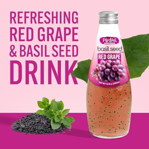 Pardesi Basil Seed Drink Red Grape Flavor 290ml 9.8 Fl Oz | Pack of 12 (117.6 FL Oz ) | Naturally Refreshing & Cooling | Rich in Antioxidants, Fiber & Omega-3 | Real Basil Seeds for Digestive Health & Hydration.