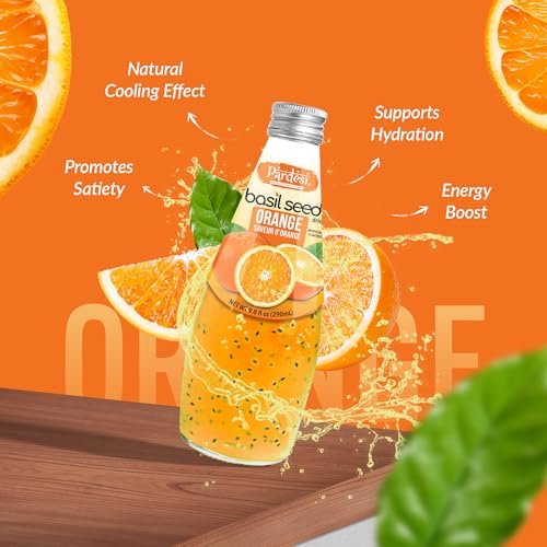 Pardesi Basil Seed Drink Orange Flavor 290ml 9.8 Fl Oz | Pack of 12 (117.6 FL Oz ) | Naturally Refreshing & Cooling | Rich in Antioxidants, Fiber & Omega-3 | Real Basil Seeds for Digestive Health & Hydration.