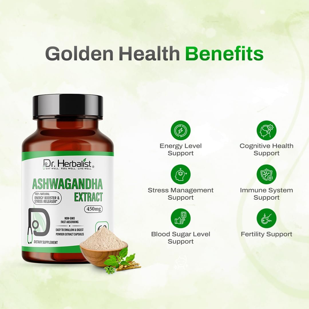 Dr. HERBALIST Ashwagandha Extract 450mg, 60 Capsules - Premium Quality, Plant-Based Supplement for Wellness & Balance | Vegan-Friendly, Gluten-Free & Non-GMO.