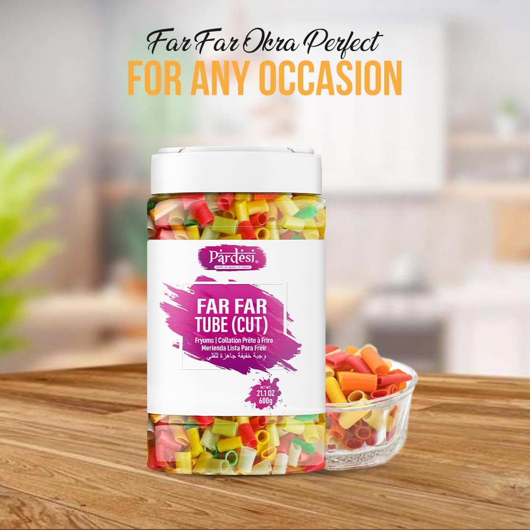 Pardesi Far Far Fryum, 26.4 OZ (750g) Jar I Puffed Snack I Ready to Fry I Fried Snacks (Tube Cut Shape) I Jar with Handle I No mess I Pantry ready I From India