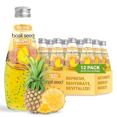 Pardesi Basil Seed Drink Pineapple Flavor 290ml 9.8 Fl Oz | Pack of 12 (117.6 FL Oz ) | Naturally Refreshing & Cooling | Rich in Antioxidants, Fiber & Omega-3 | Real Basil Seeds for Digestive Health & Hydration.