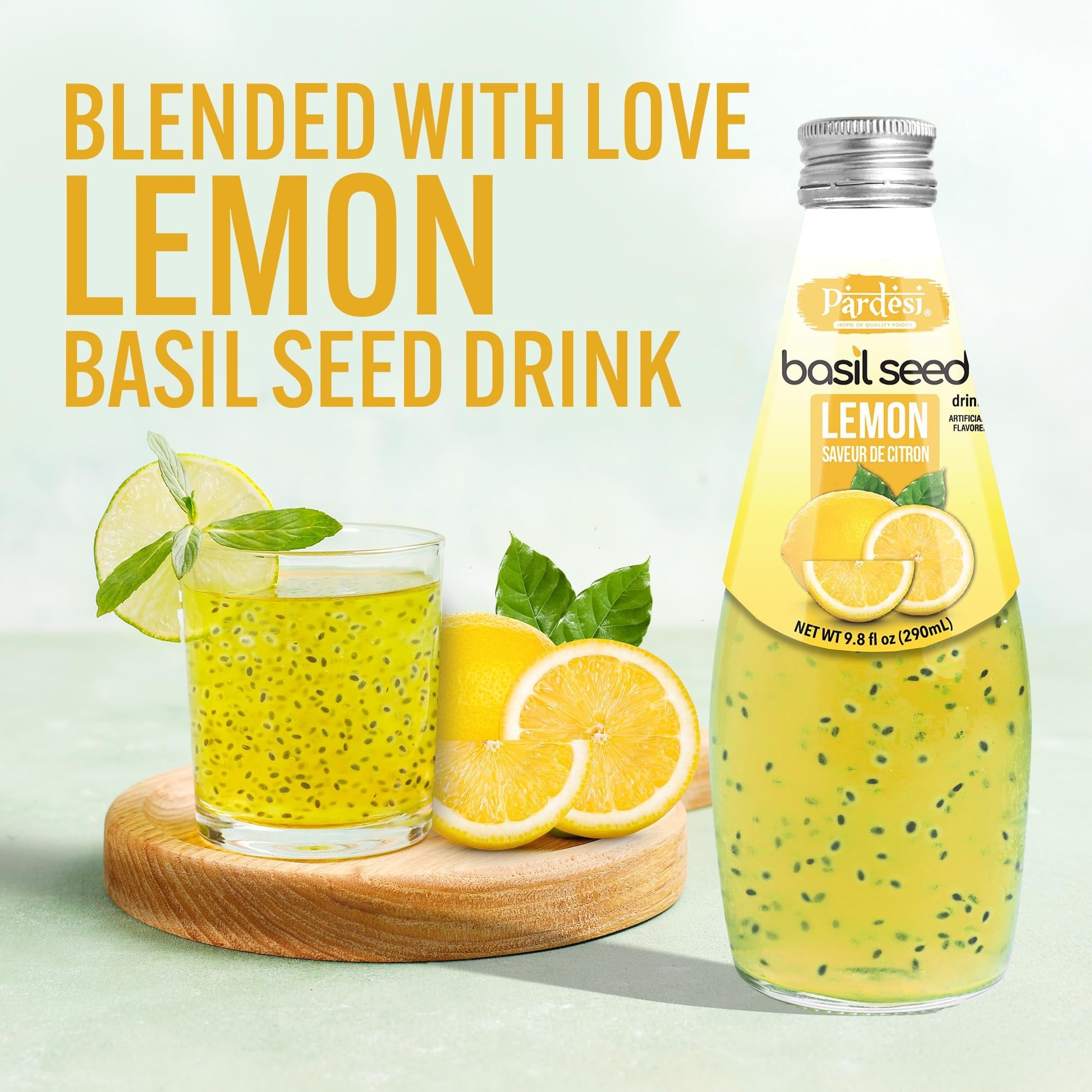 Pardesi Basil Seed Drink Lemon Flavor 290ml 9.8 Fl Oz | Pack of 12 (117.6 FL Oz ) | Naturally Refreshing & Cooling | Rich in Antioxidants, Fiber & Omega-3 | Real Basil Seeds for Digestive Health & Hydration.