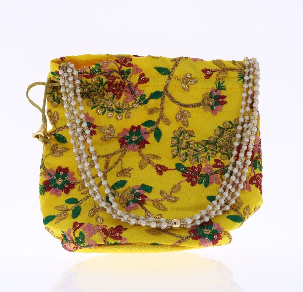 GENERIC Potli Purse with White Pearl Handle - Yellow
