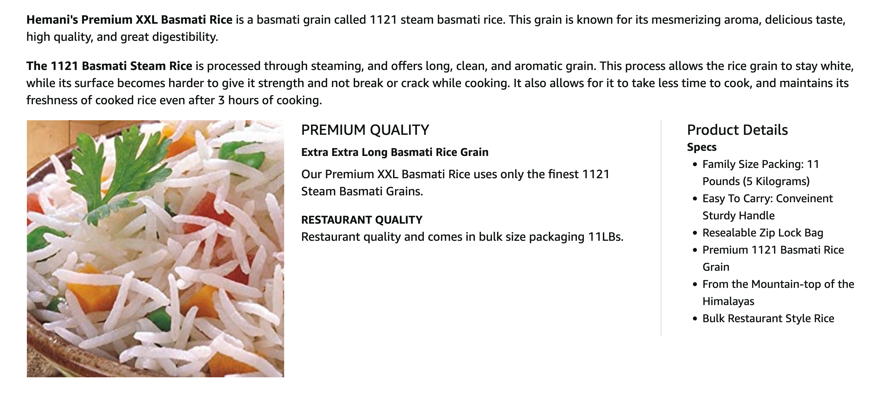 HEMANI Premium XXL Basmati 1121 Rice 11LB